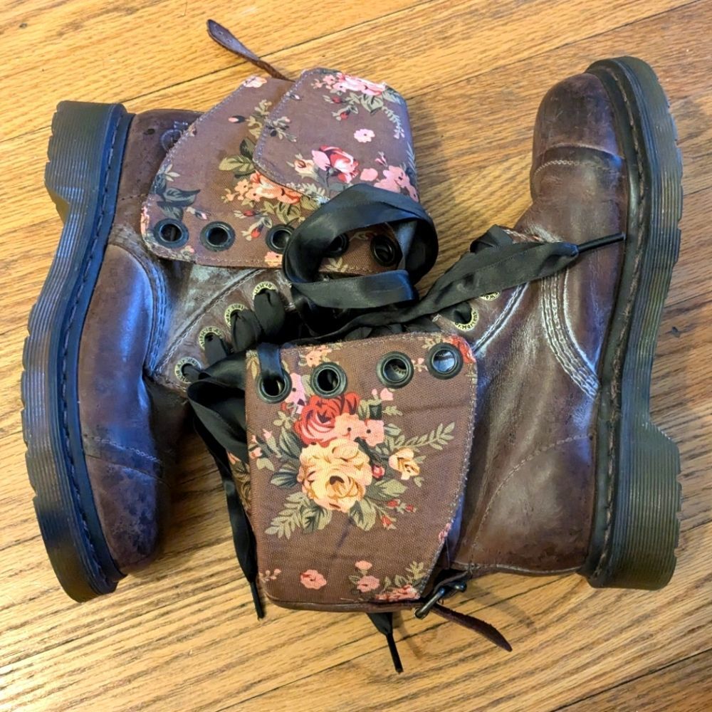 Dr. Martens Floral Combat Boots Vintage Leather Lace-up Ankle‎ Boots UK 4